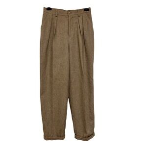 Vintage Lizsport Wool Herringbone Tweed Pleated Trousers Brown Cuffed Pants Sz 6